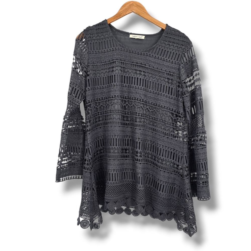 Indigo Soul Womens Charcoal Grey Crochet Lace Scalloped Hem Lined Tunic Top